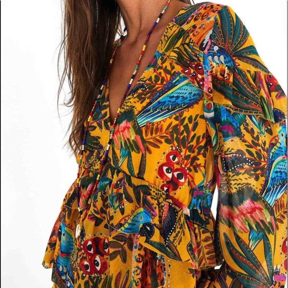 Farm Rio Into the Wild long sleeve ruffle top